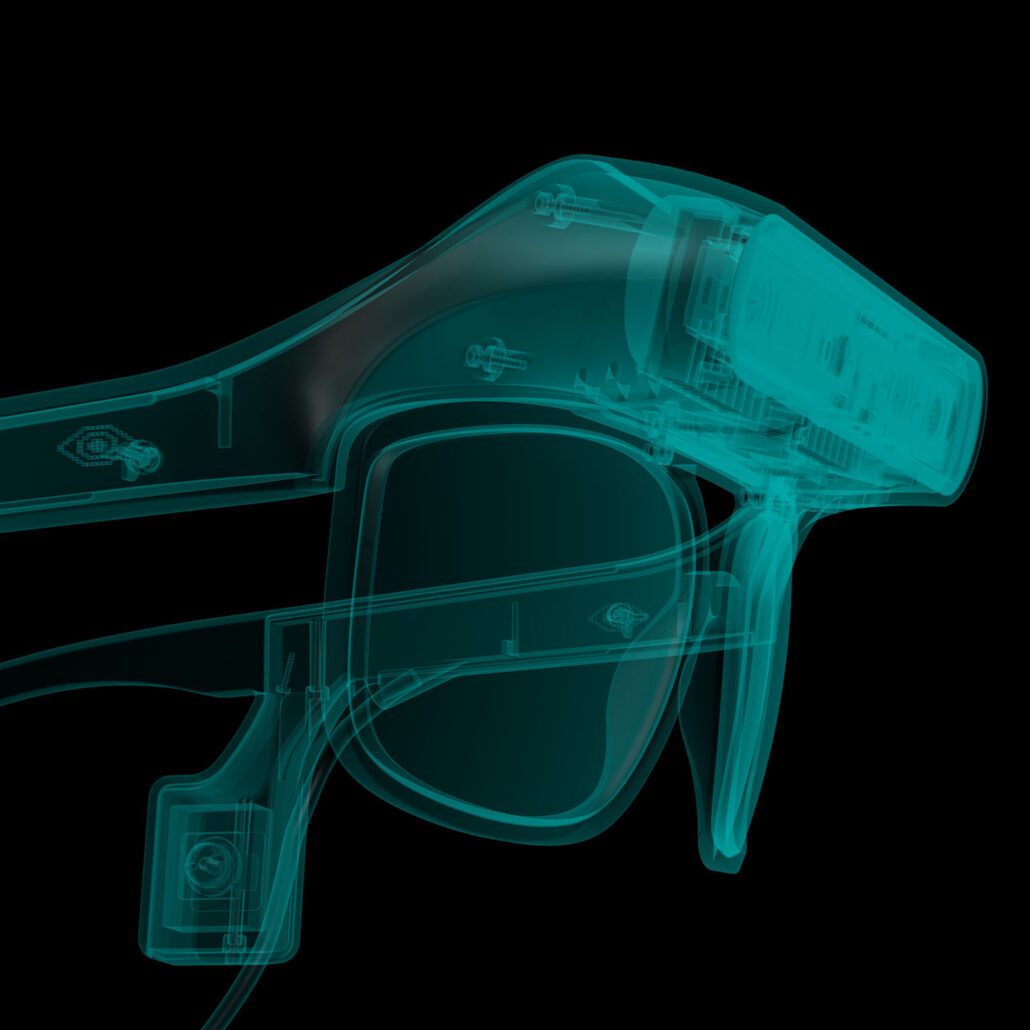 Detalle del sistema NIIRA con gafas inteligentes y unidad de procesado, tecnología avanzada para personas con discapacidad visual