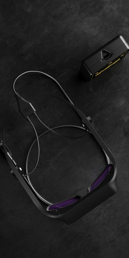 Vista superior de las gafas NIIRA mostrando sus materiales y sensores